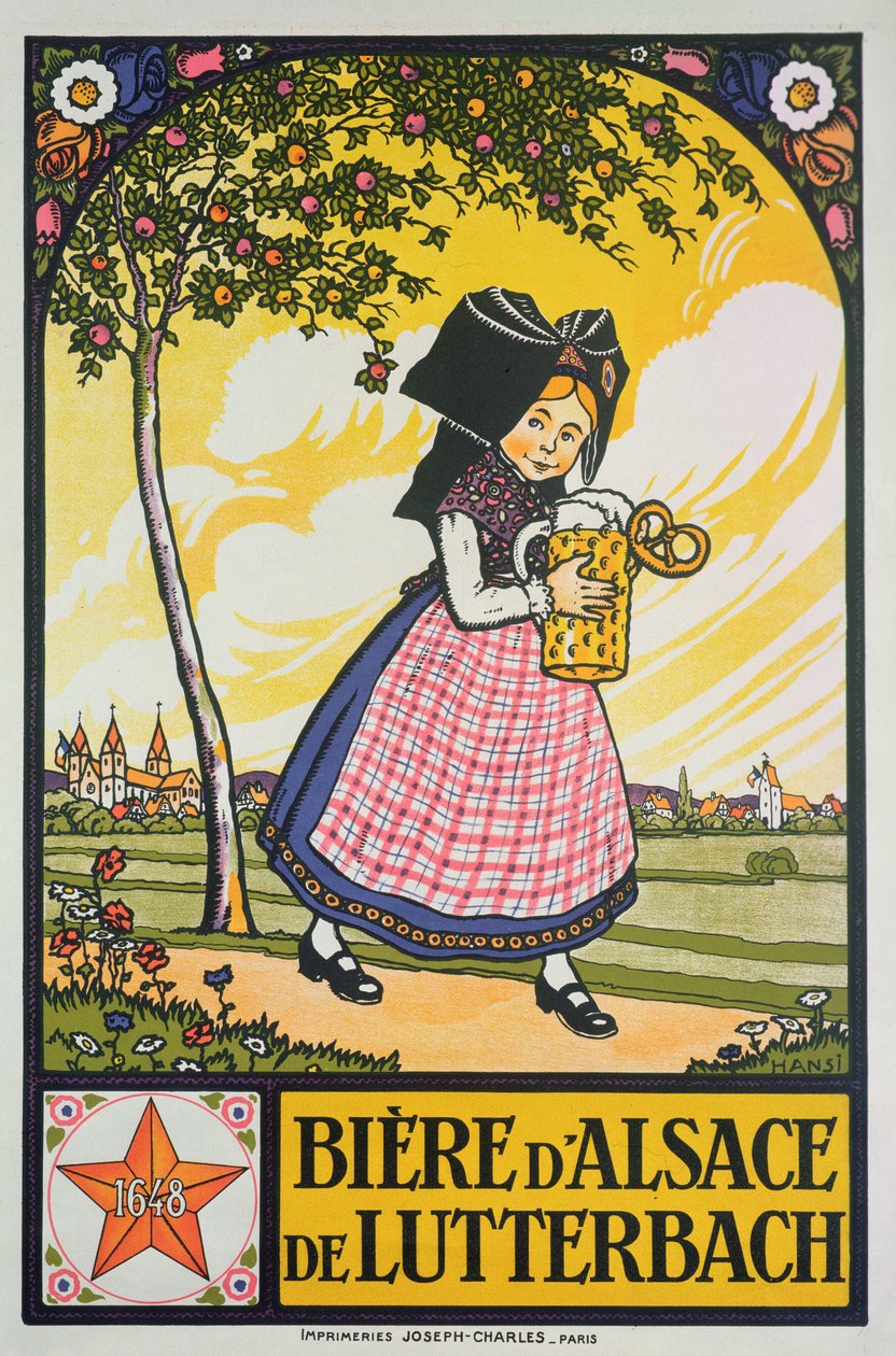 Plakat reklameøl fra Lutterbach, Alsace (farve litho) af Jean Jacques Waltz