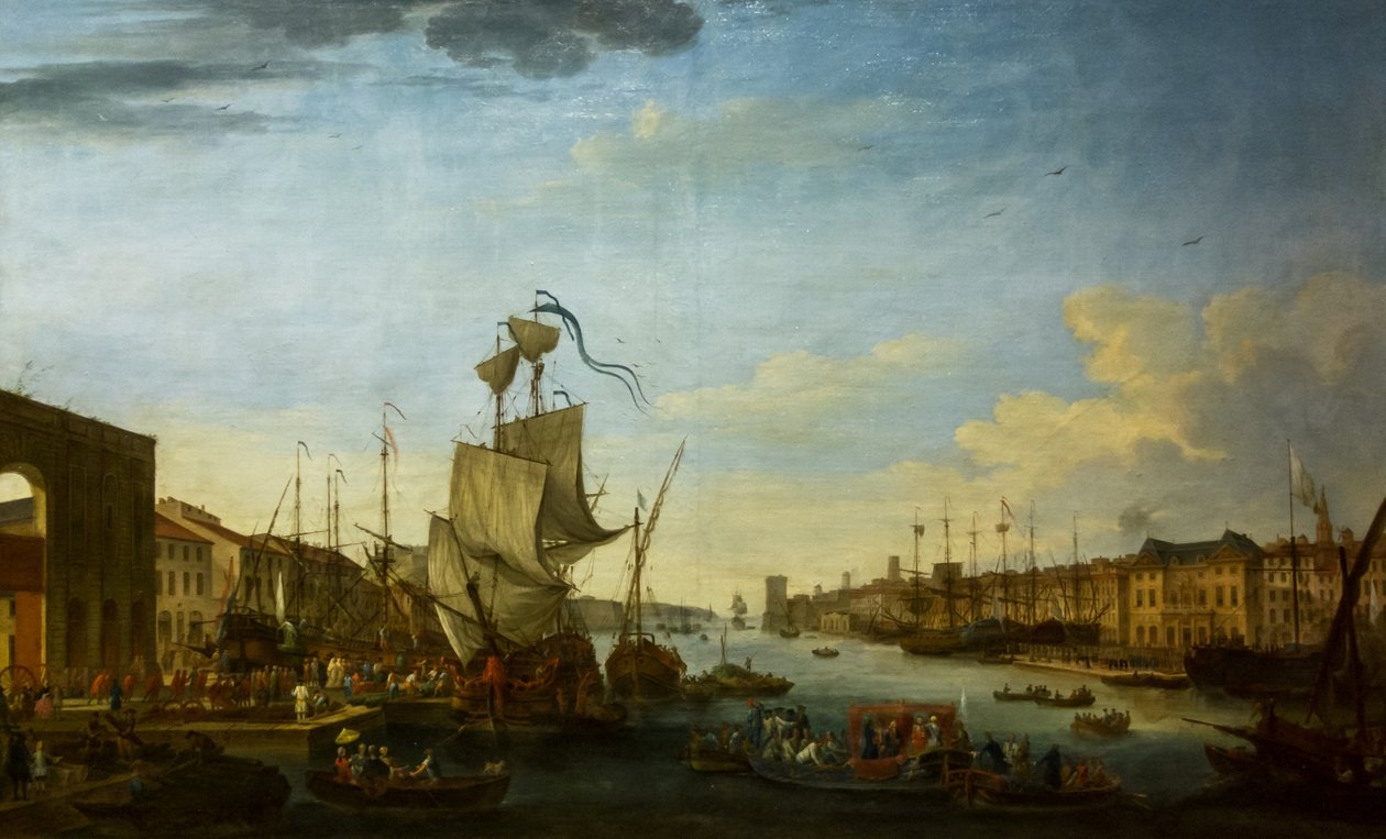 Fransk: Embarquement du corps expeditionnaire de Minorque au port de Marseille sous les ordres du Duc de Richelieu Indskibning af ekspeditionskorpset fra Menorca i havnen i Marseille under ordrer fra marskalken af Richelieu af Jean-Joseph Kapeller
