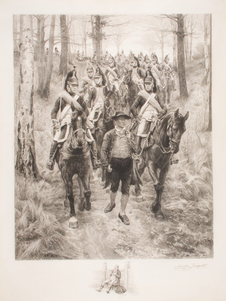 Fransk kavaleri på vej gennem skoven med guide, graveret af Achilles Jacquet (1846-1908) af Jean Louis Ernest Meissonier