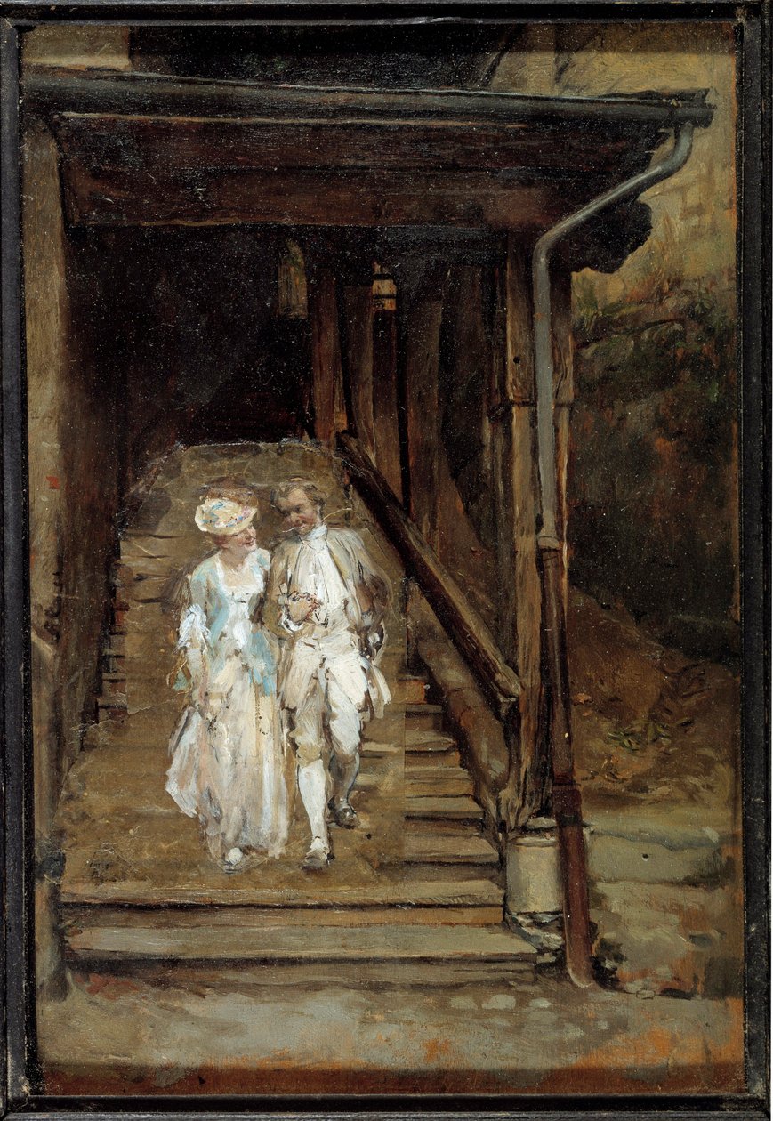 Trætrappen i Cathedrale de Lausanne eller "" Filosoffen Jean Jacques Rousseau et madame de Warens"" Maleri af Jean Louis Ernest Meissonier (1815-1891) 1800-tallet søn. 0,2x0,14 m af Jean Louis Ernest Meissonier
