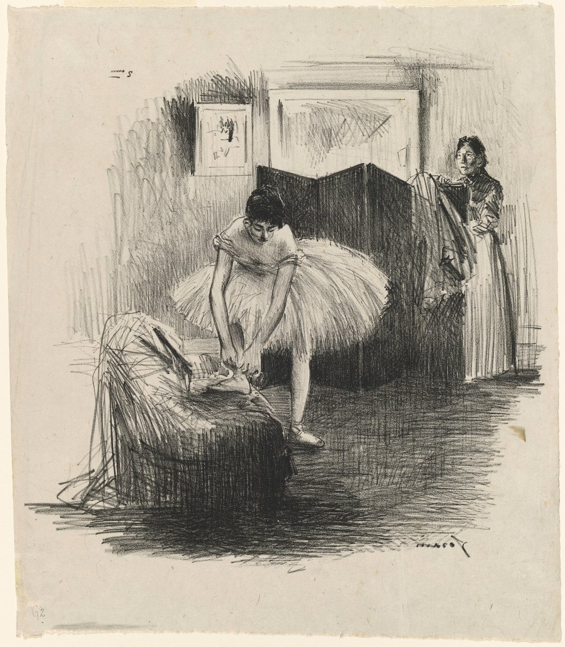 Danserinde, der binder sin balletsko af Jean-Louis Forain