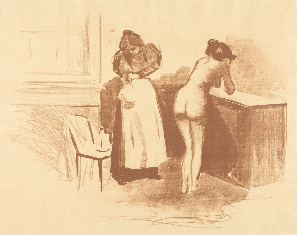 Friktionen mod handsken af hestehår (plade med vask og streg) (The Massage with Coarse Hair Glove) (Wash and Line plate) af Jean-Louis Forain
