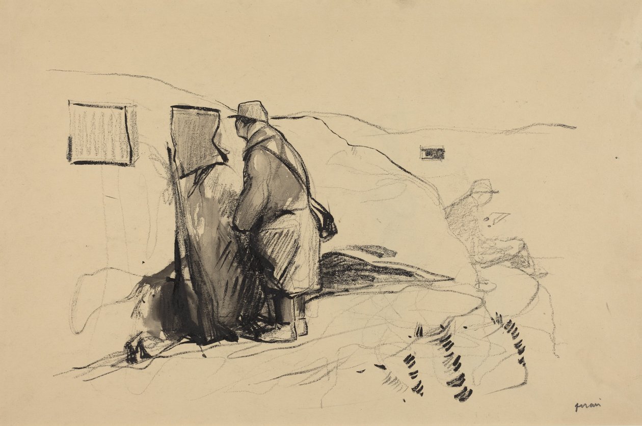 a) I skyttegravene (forsiden); b) Studie til »I skyttegravene« (bagsiden) af Jean-Louis Forain