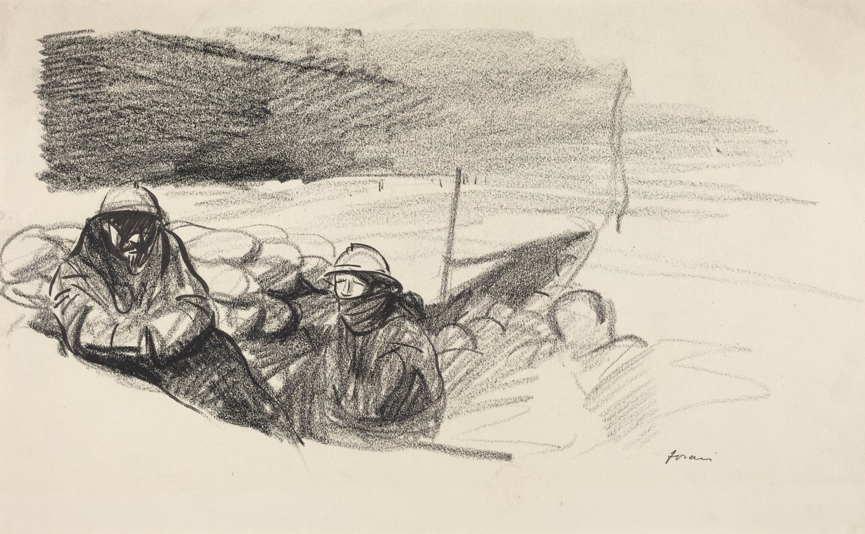 a) To soldater i en skyttegrav (forside); b) Interiør med figurer siddende bag et bord (bagside) af Jean-Louis Forain