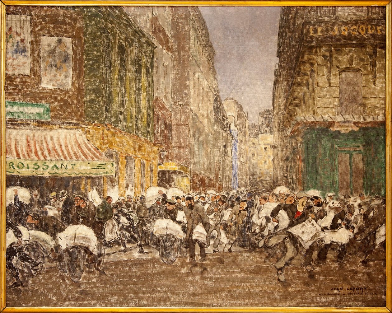 Udgivelsen af aftenaviserne, rue du Croissant i 1914, Maleri af Jean Louis (Jean-Louis) Lefort (1875-1954), der viser aktiviteterne i den presse, der traditionelt var etableret i store dele af det 2. arrondissement i Paris, På cafe du Cr af Jean Louis Lefort