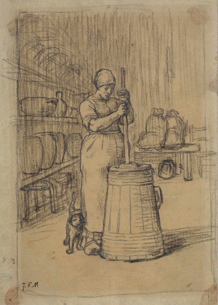Undersøgelse for Kvinde, der snurrer smør af Jean Francois Millet