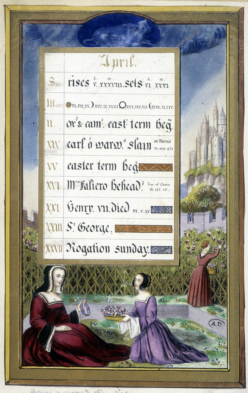 April: Ladies in a garden (Taurus) - faksimile af Anne af Bretagnes timer, af Jean Bourdichon af Jean (after) Bourdichon