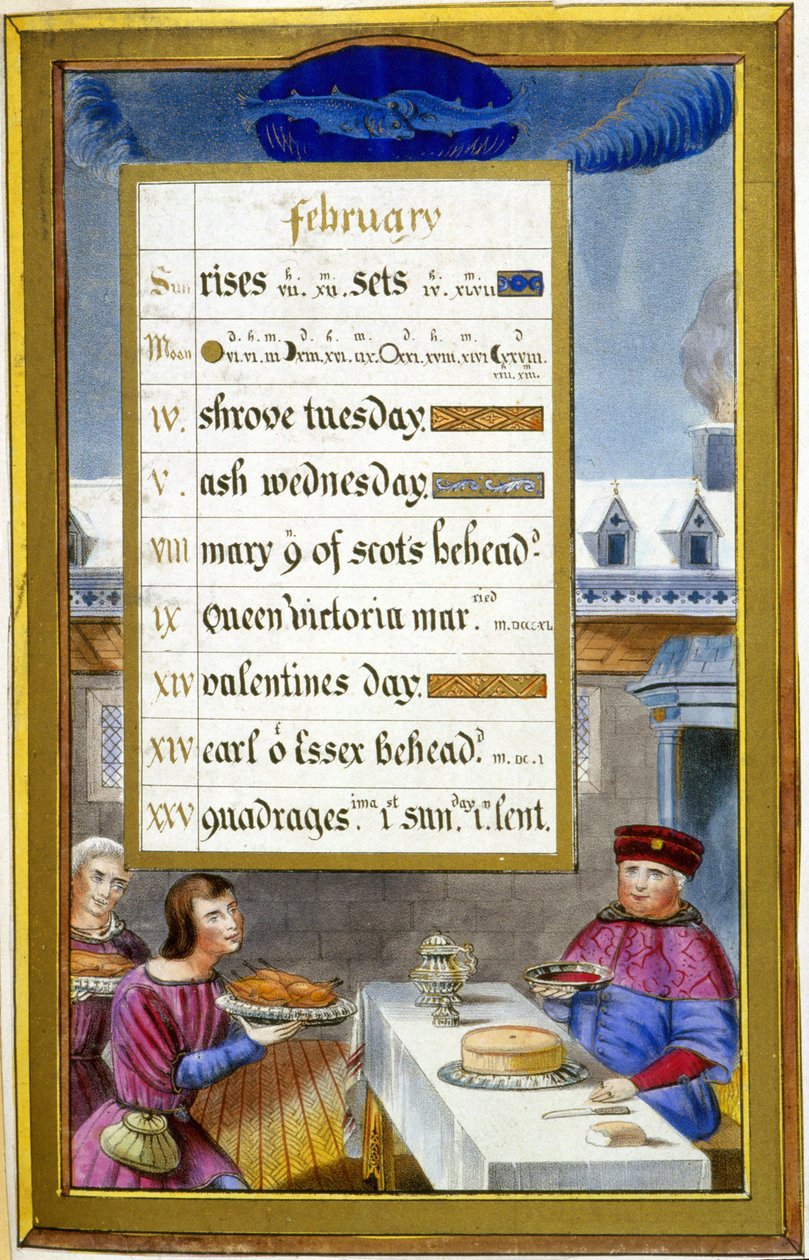 Februar: Måltidsscene (fisk) - faksimile af Anne af Bretagnes timer, af Jean Bourdichon af Jean (after) Bourdichon