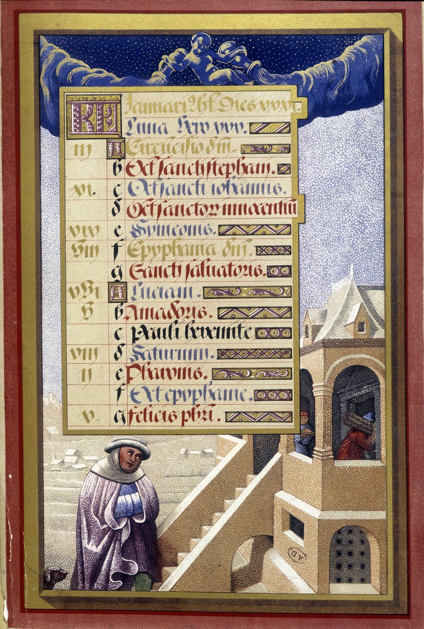 Januar: Hus om vinteren (Vandmand) - faksimile af Anne af Bretagnes timer, af Jean Bourdichon af Jean (after) Bourdichon