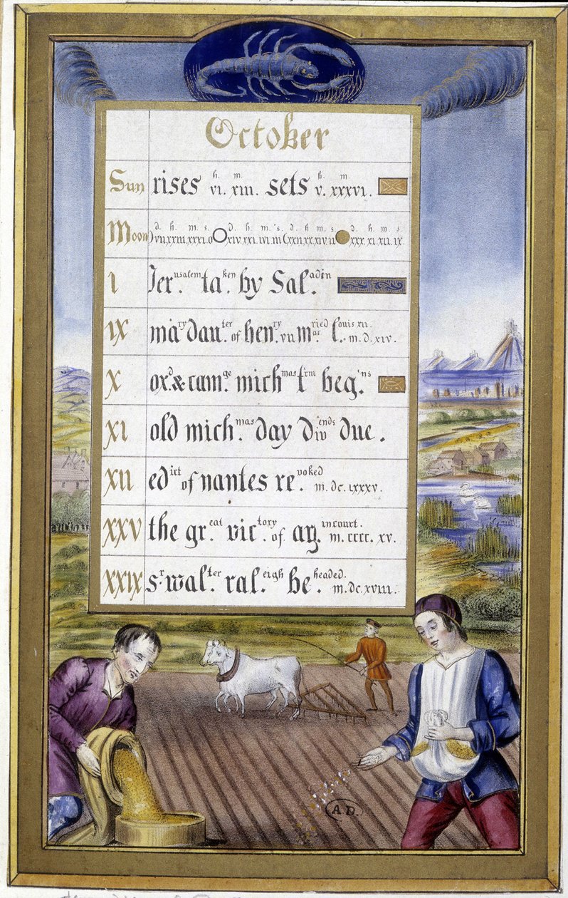 Oktober: pløjning og såning, tegn på skorpionen - i "" Time Book of Anne of Bretagne"" af Jean Bourdichon af Jean (after) Bourdichon