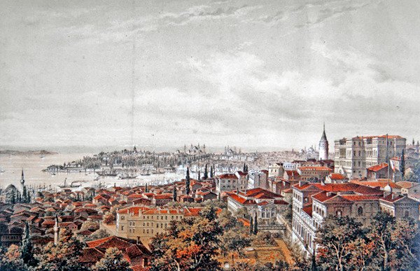 Generelt syn på Konstantinopel, ca. 1850 (farve litho) af Jean (after) Brindesi