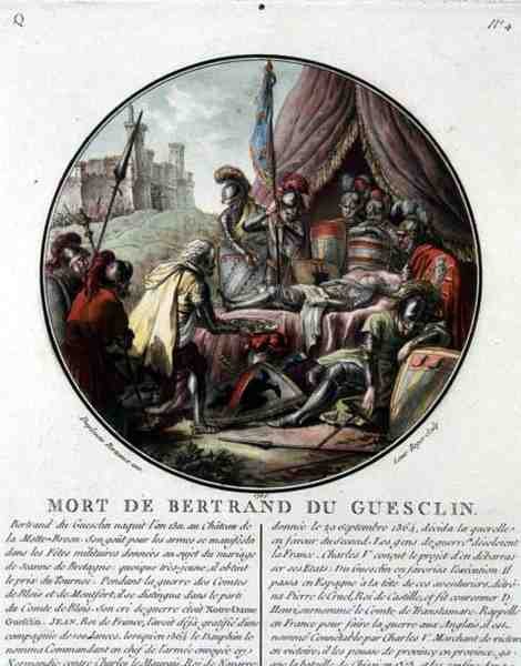 Bertrand du Guesclins død (1311-80) graveret af Louis Roger af Jean (after) Duplessis Bertaux
