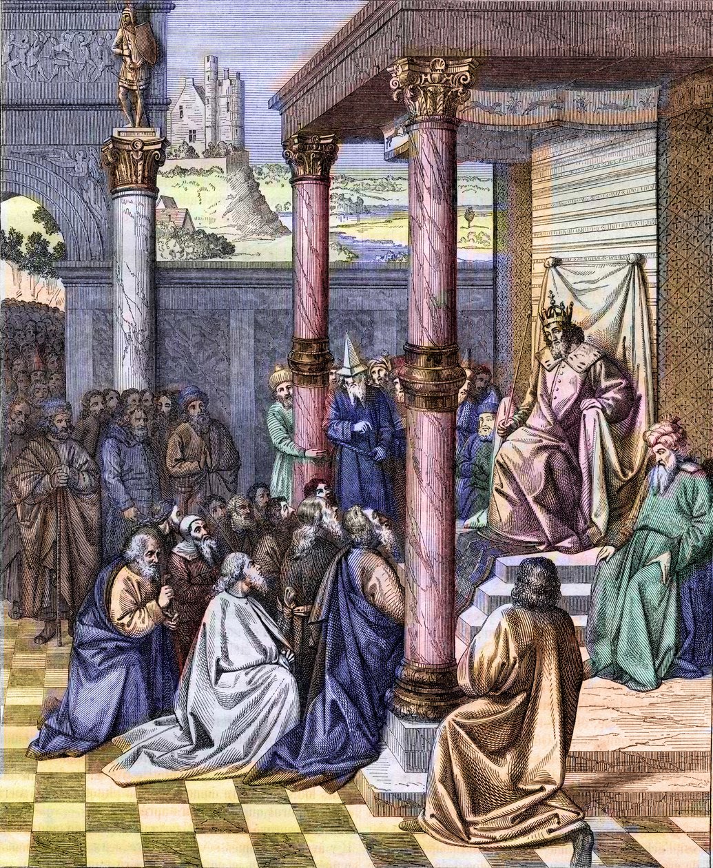 Kyros 2. den Store (580 f.Kr. - 530 f.Kr.), konge af Persien, befriede judæerne, der var forvist til Babylon i 539 f.Kr. Stik efter en miniature af Jean (Jehan) Fouquet (ca. 1420 -1477/1481). Stik af Chevignard af Jean (after) Fouquet