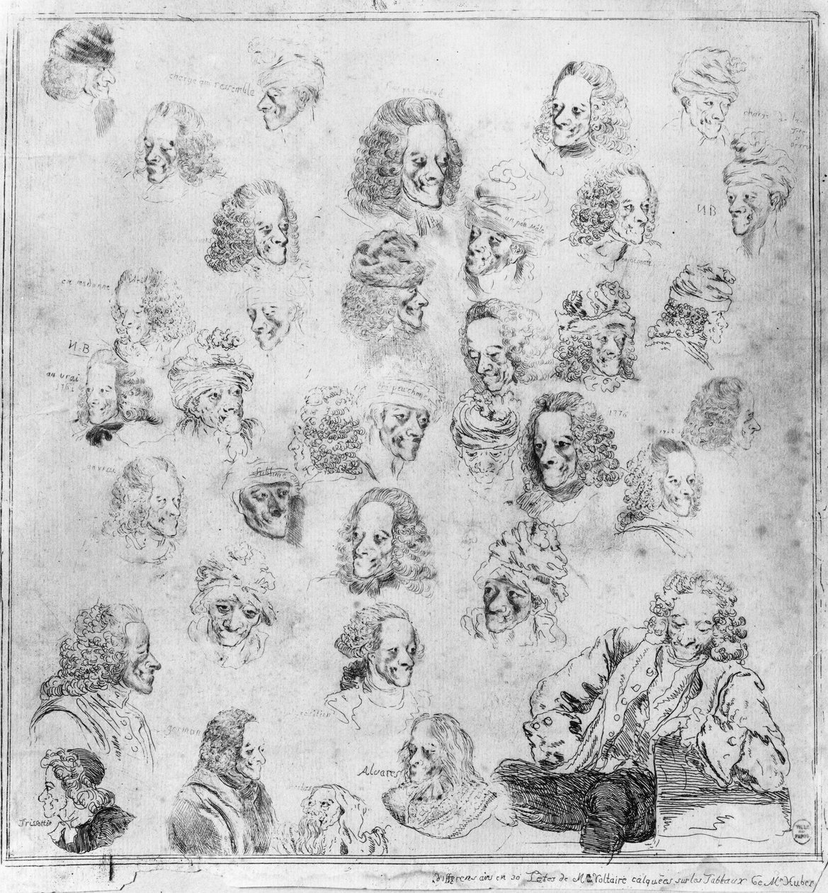 Forskellige melodier i 30 Voltaire-hoveder. Portrætter af Francois Marie Arouet, dit Voltaire (1694-1778) "" forskellige fysiognomier af Voltaire""". Stærkt vand tilskrevet Dominique Vivant-Denon (Vivant Denon) (1747-1825) efter Jean Huber (1721-1786). Mus af Jean (after) Huber