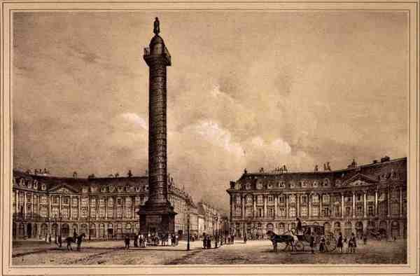 Udsigt over kopien af Trajans kolonne på Place Vendome, udgivet af Auguste Bry (litho) af Jean (after) Jacottet