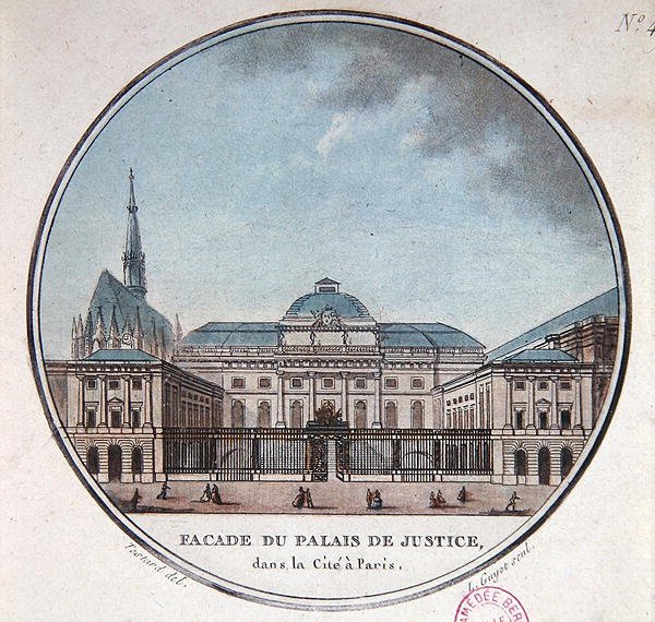 Facaden af Palais de Justice, ca. 1785 (farve litho) af Jean (after) Testard