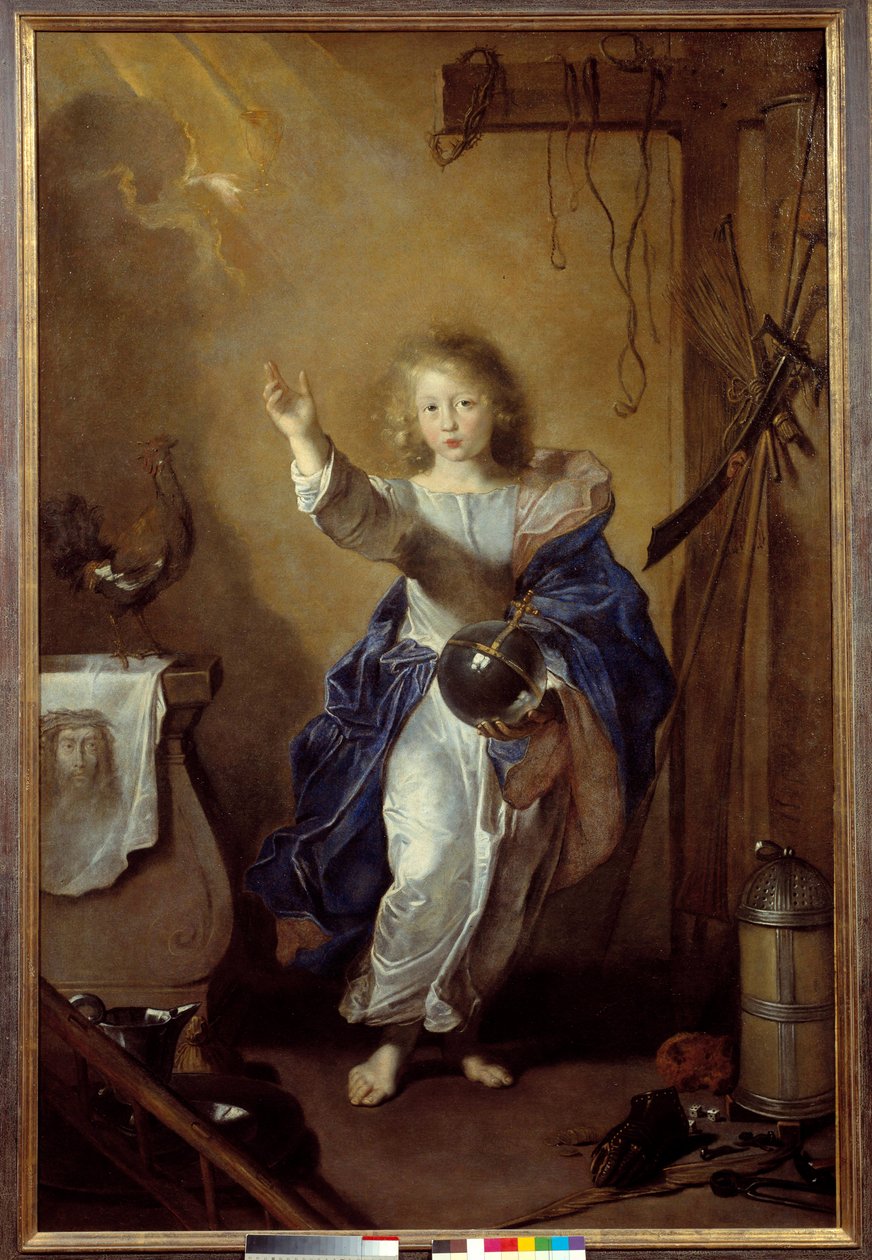 Verdens Frelser Repræsentation af Jesusbarnet, der holder kloden i hånden og omgiver symboler på lidenskaben og det hellige ligklæde. Maleri tilskrevet Jean Daret (1613/1615-1668) søn. 1,64x1,1 m Caen, musee des Beaux Arts af Jean (attr. to) Daret