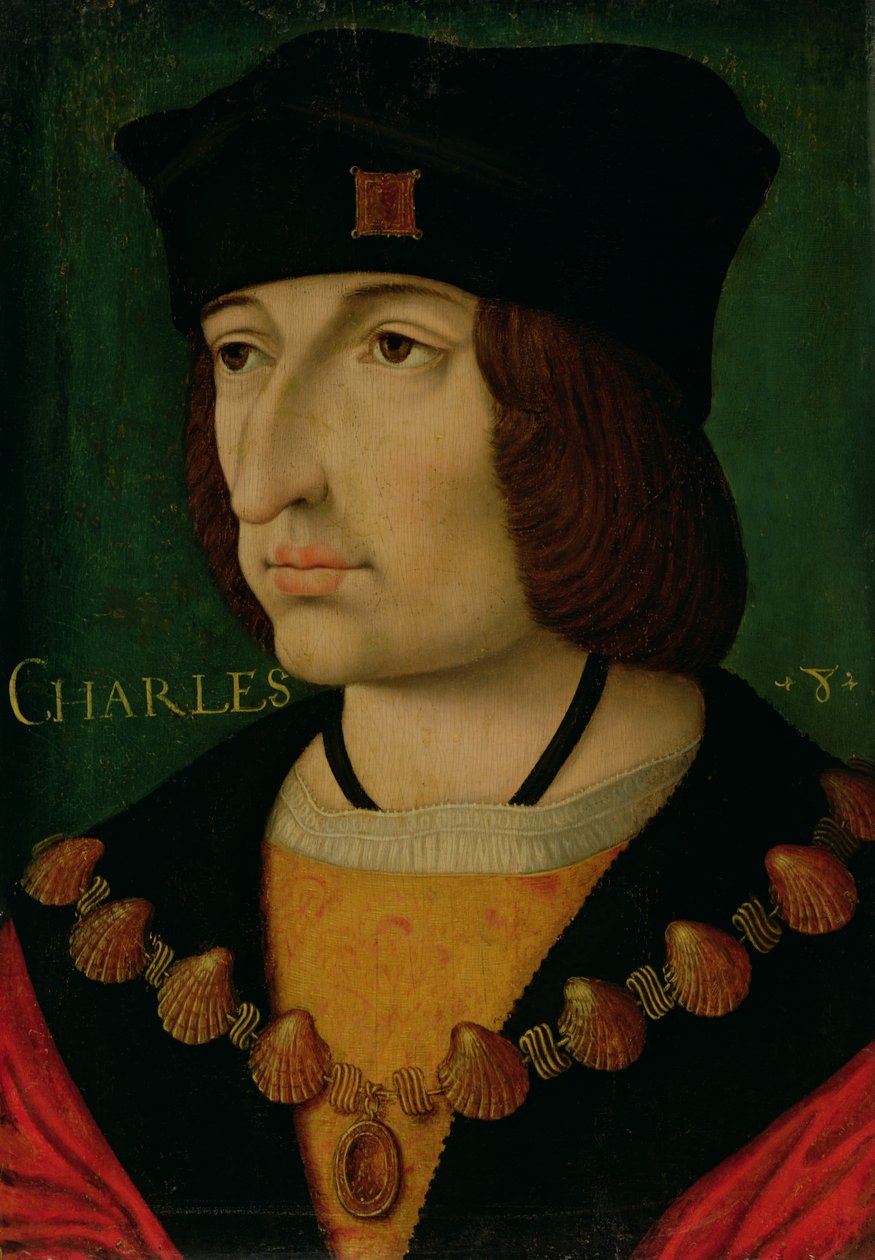 Portræt af Karl VIII (1470-98), konge af Frankrig (olie på panel) (se også 191337) af Jean (attr.to) Bourdichon