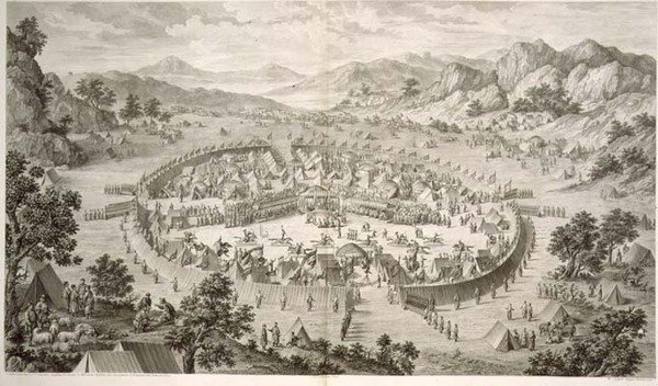 Tchao-Hoei besætter sine tropper med øvelser og militærlege i 1758, plade 5 fra en række aftryk, der repræsenterer erobringerne af Qianlong, Kinas kejser, indgraveret af Pierre Philippe Choffard (1730-1809) 1772 (gravering) af Jean (d.1781) (after) Damascene