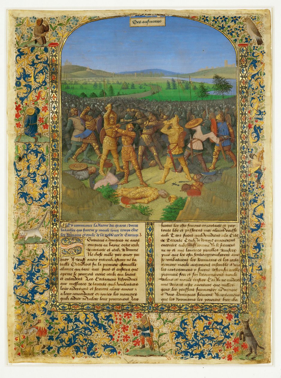 Et slag mellem romere og karthagere, sandsynligvis slaget ved Cannae ... af Jean (style of) Fouquet