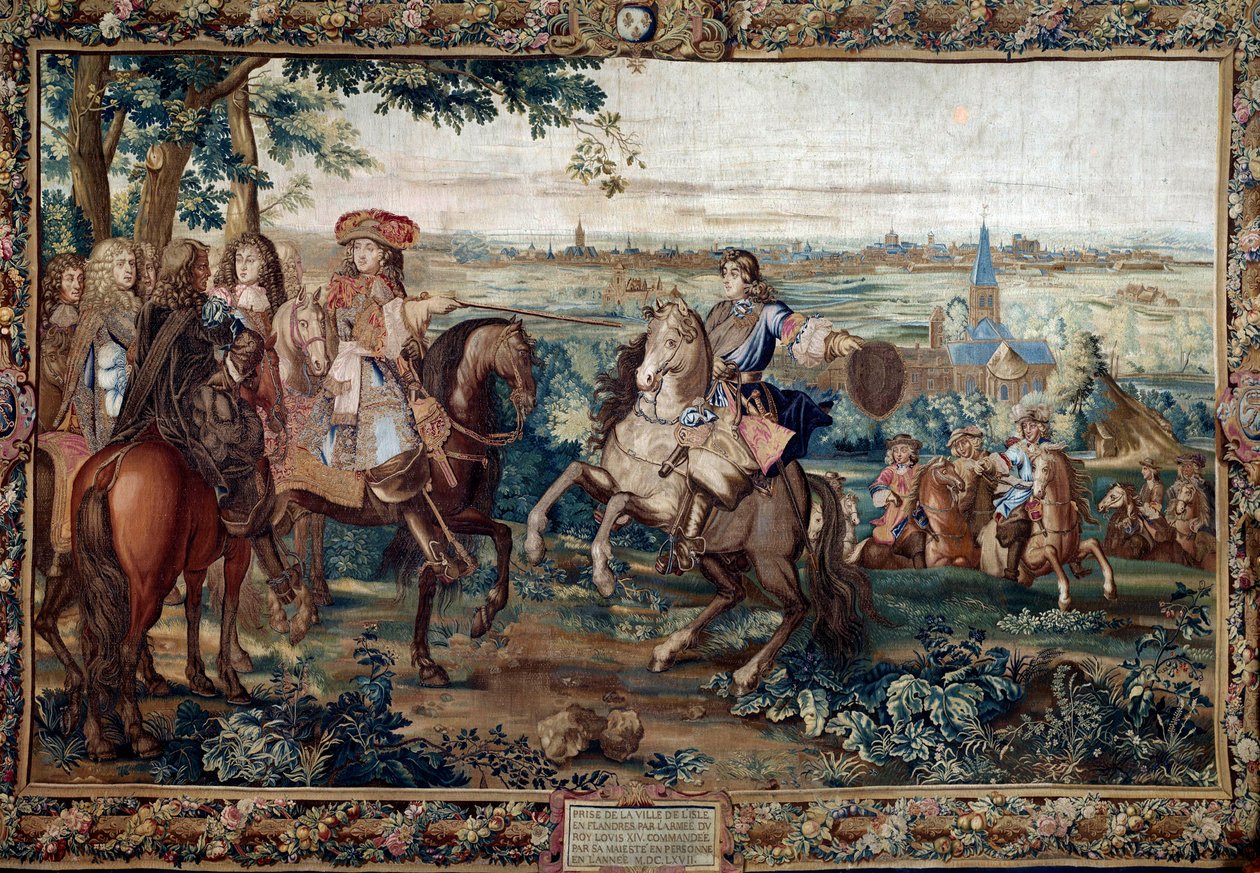 Fortsat fra Histoire du Roi: "" Capture of Lille af Ludvig XIV, august 1667 efter Saint Andres pap. Maleri lavet af Jean Mozins værksted (1600-tallet) på Gobelins fabrikken. Svag. 3,7x5,5 m. Versailles, slotsmuseum af Jean (workshop) Mozin