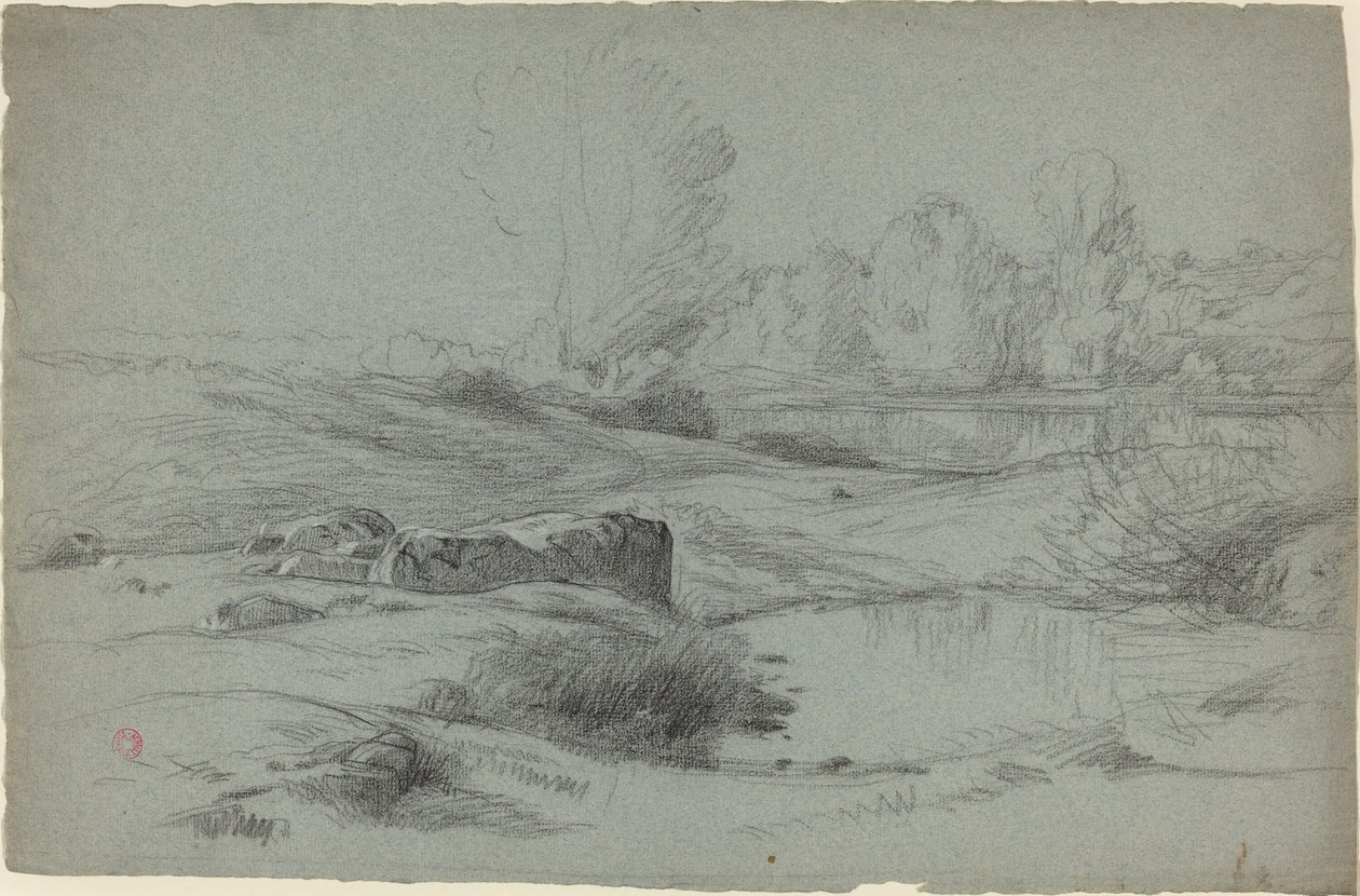 En stenet eng ved en flod af Jean Achille Benouville