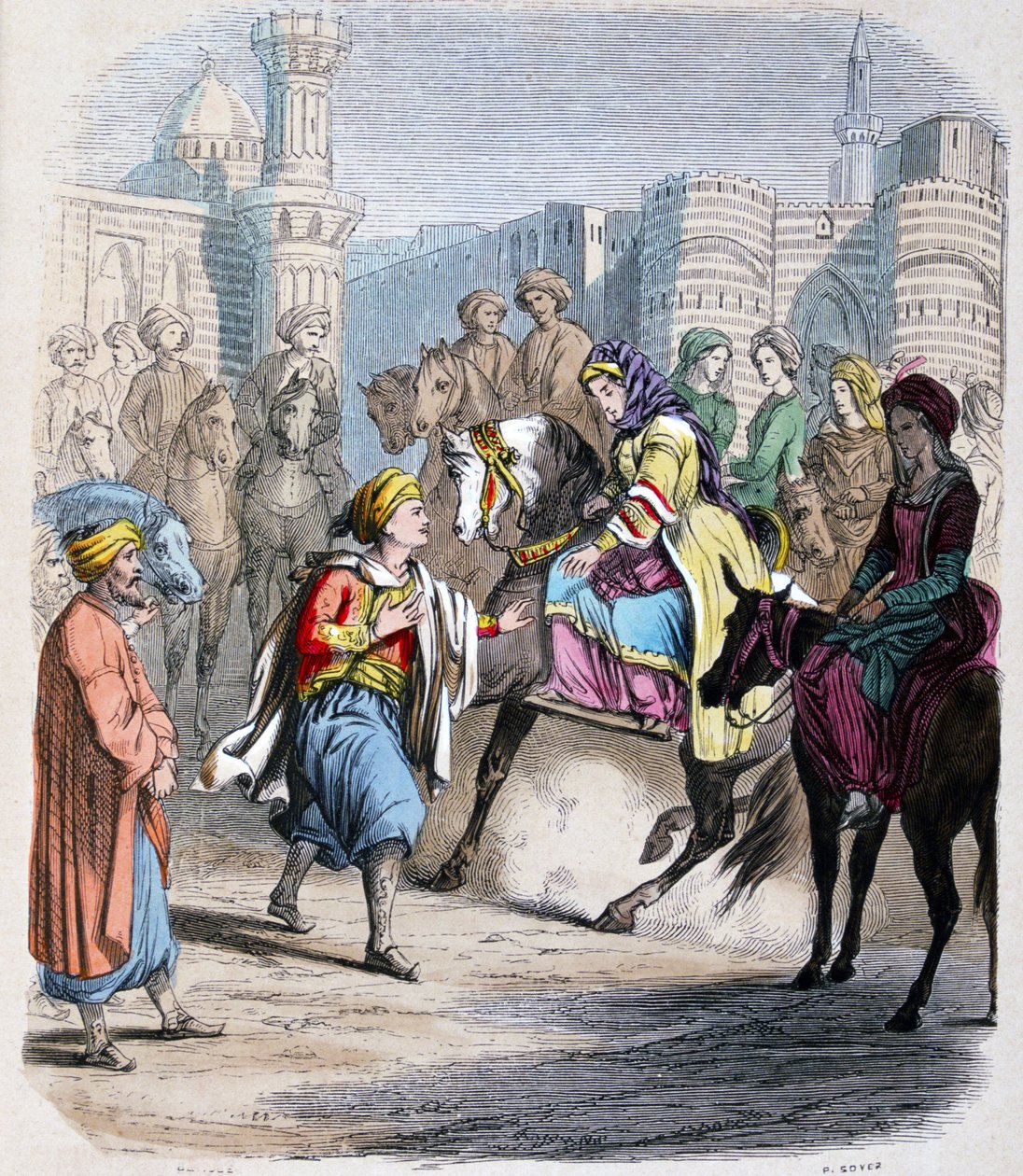 Emina Nosratli attend son fils victorieux Ibrahim Pacha (1789-1848), de retour au Caire apres la campagne arabe en 1818 - Emina El Nosratli (mor til Ibrahim Pasha) venter på sin søns sejrrige hjemkomst til Cairo efter hans arabiske felttog i 1818. Akvarel  af Jean Adolphe Beauce
