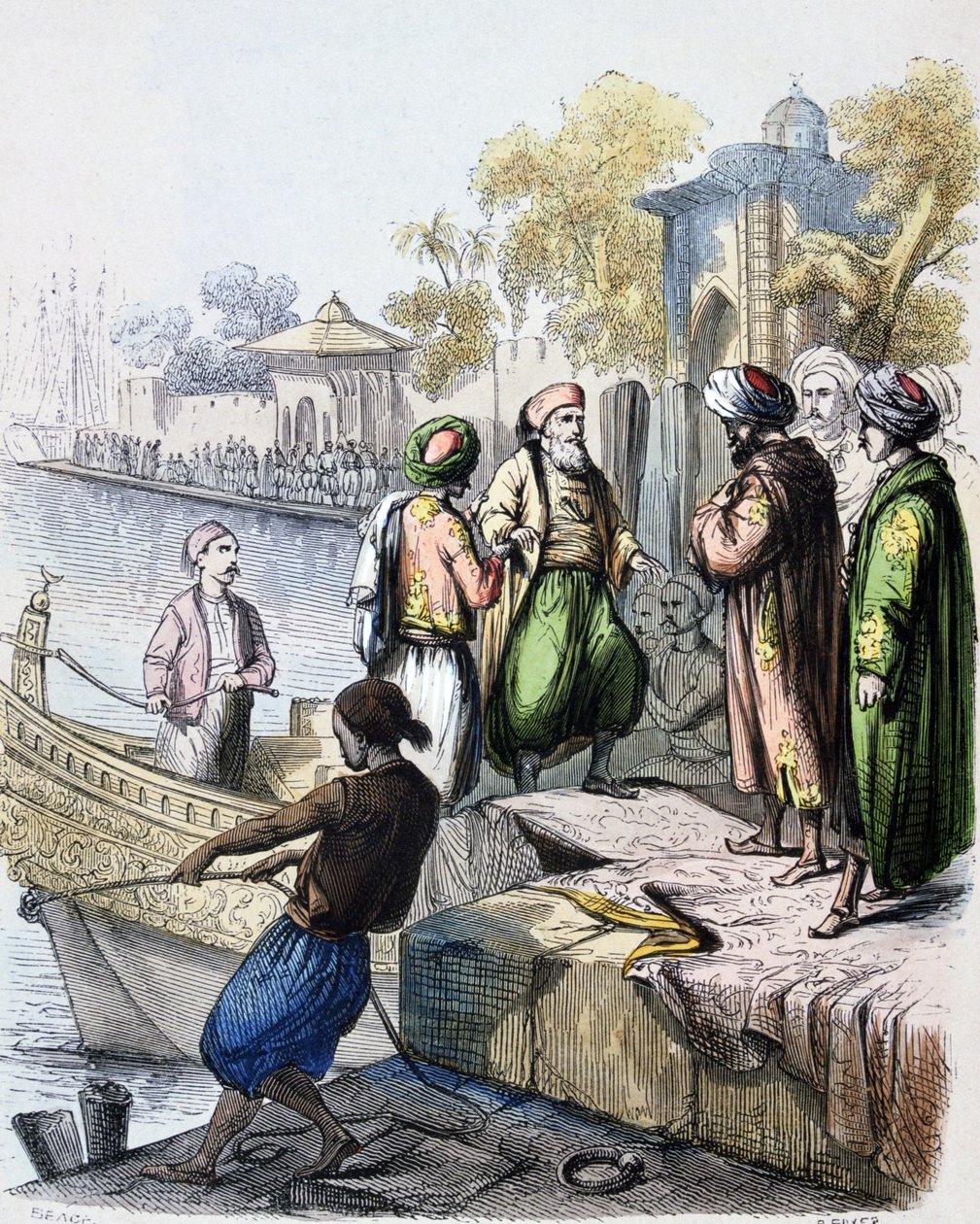 Mehemet Ali (1769-1849) ankommer til Konstantinopel - 1828: Mehmet Ali ankommer til Konstantinopel (Istanbul, Tyrkiet) Akvarel fra 1846 af den franske maler Jean-Adolphe Beauce (1818-1875). Muhammad Ali Pasha eller Mehmet Ali; 1769 - 1849. Osmannisk albans af Jean Adolphe Beauce