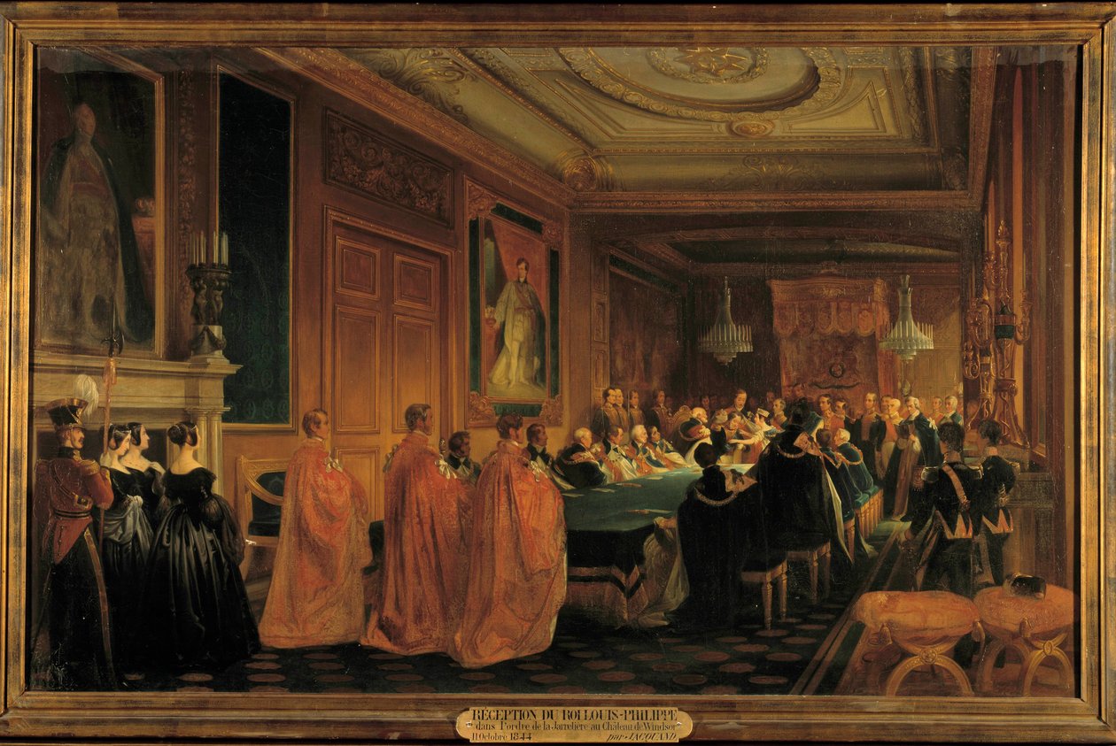 Dronning Victoria (1819-1901) modtog kong Louis-Philippe 1. (1773-1850) som ridder i rækken af Jarretiere på Windsor Castle af Jean Alaux