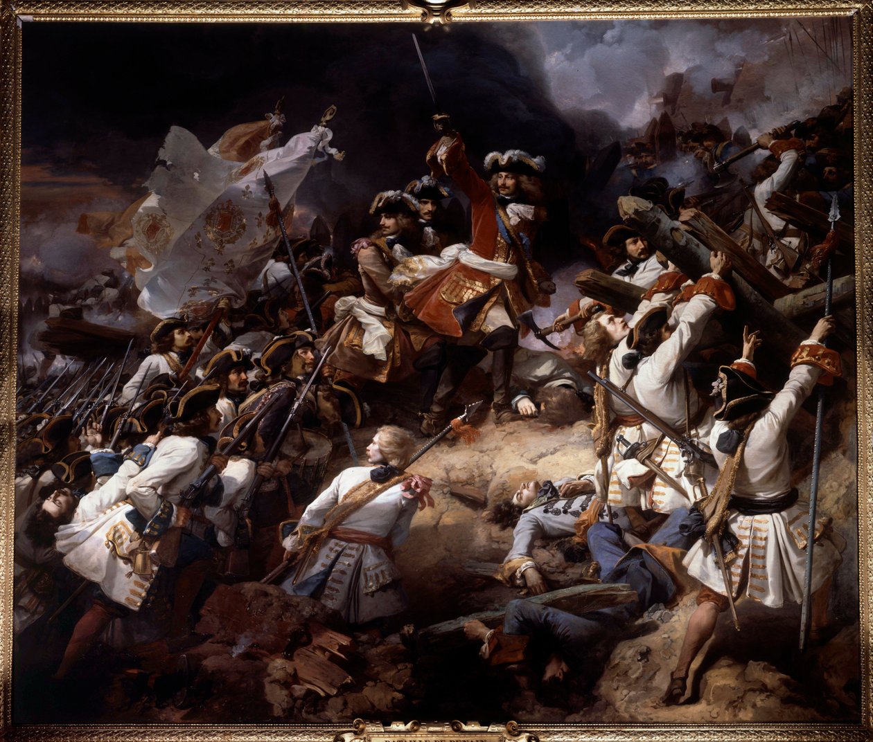 Slaget ved Denain den 24. juli 1712 Det blev vundet af Marechal de Villars over prins Eugen af Savoyen. Maleri af Jean Alaux dit le Romain (1786-1864) 1839 søn. 4,65 x 5,43 m af Jean Alaux