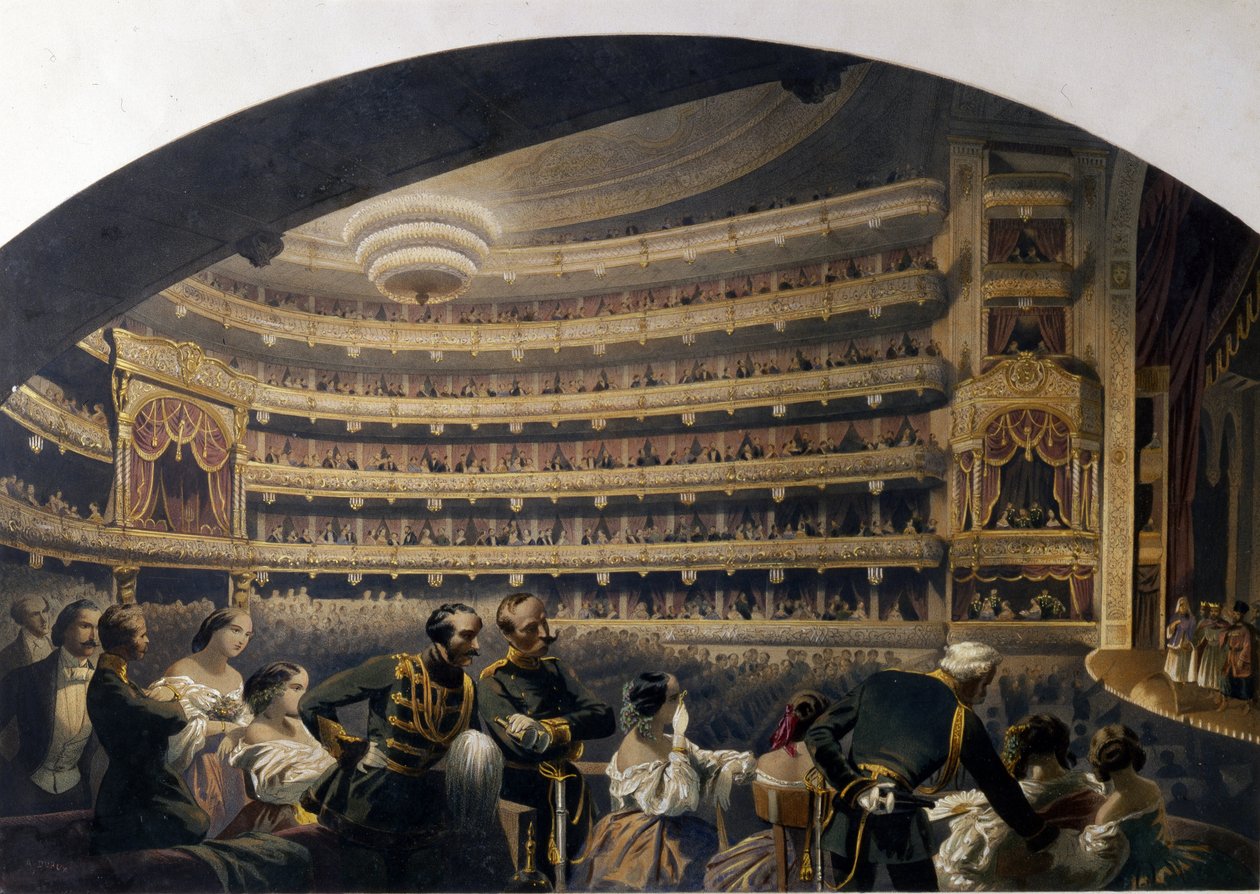 Publikum i en boks på Bolshoi Theatre (Moskva, Rusland). (Publikum i en æske af Bolshoi-teatret). Værk af Jean Alexandre Duruy (1800-tallet), litografi, begyndelsen af ​​det 19. århundrede, fransk kunst, klassicisme. Statens museum for teater og musikkunst af Jean Alexandre Duruy