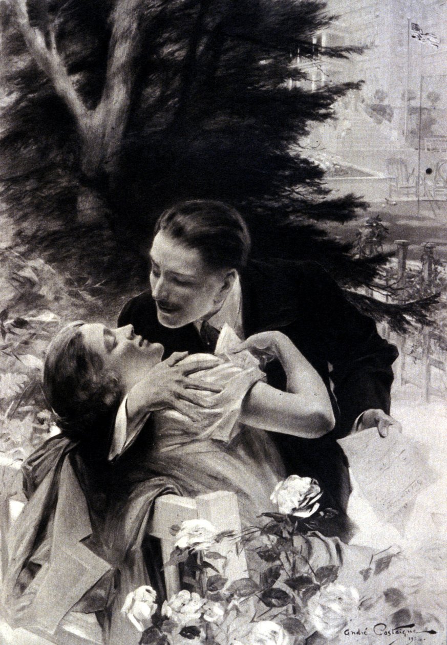 Scene for forførelse. Gravering af André Castaigne. 1922. af Jean Alexandre Michel Andre Castaigne