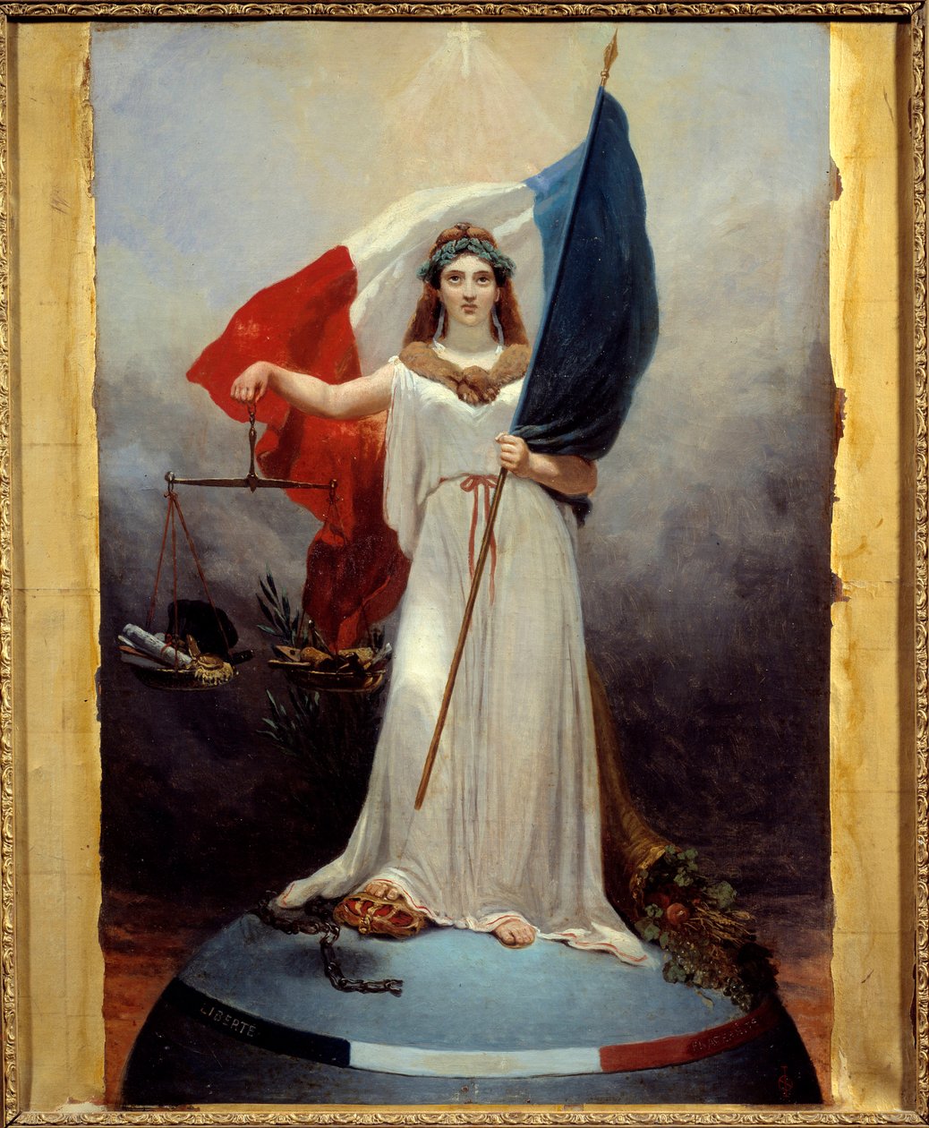 Republikkens symbolske figur. Allegori, der repræsenterer republikken som en kvinde iført en laurbærkrans, symbol på fred, med balance, symbol på retfærdighed og det trefarvede flag. Under hans fod kronen af det knuste monarki og de knækkede lænker. Pai af Jean Alphonse Roehn