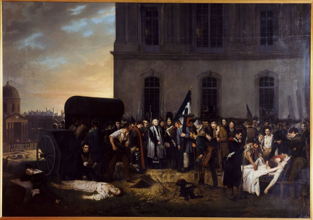 Midlertidig begravelse af ofrene fra juli foran Louvre-kolonaden af Jean Alphonse Roehn
