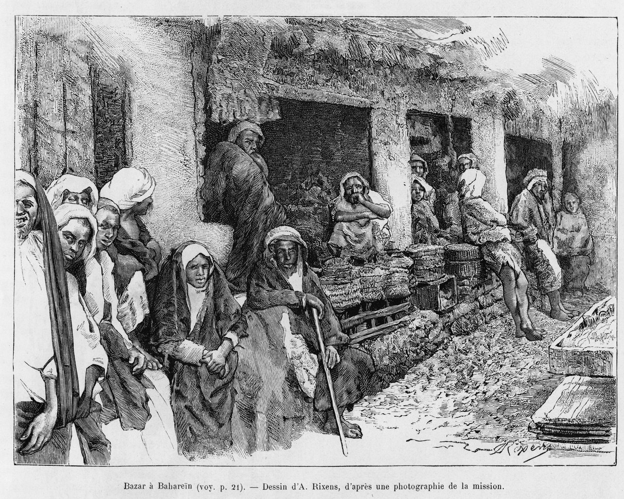 Bazar i Bahrain, Tchad. Gravering af A.Rixens for at illustrere historien A Suse, journal des excavilles af Jean Andre Rixens