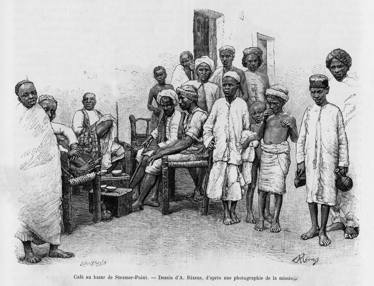 Cafe på Steamer Point Bazaar, Aden, Yemen. Gravering af A.Rixens for at illustrere historien A Suse, journal des excavilles af Jean Andre Rixens