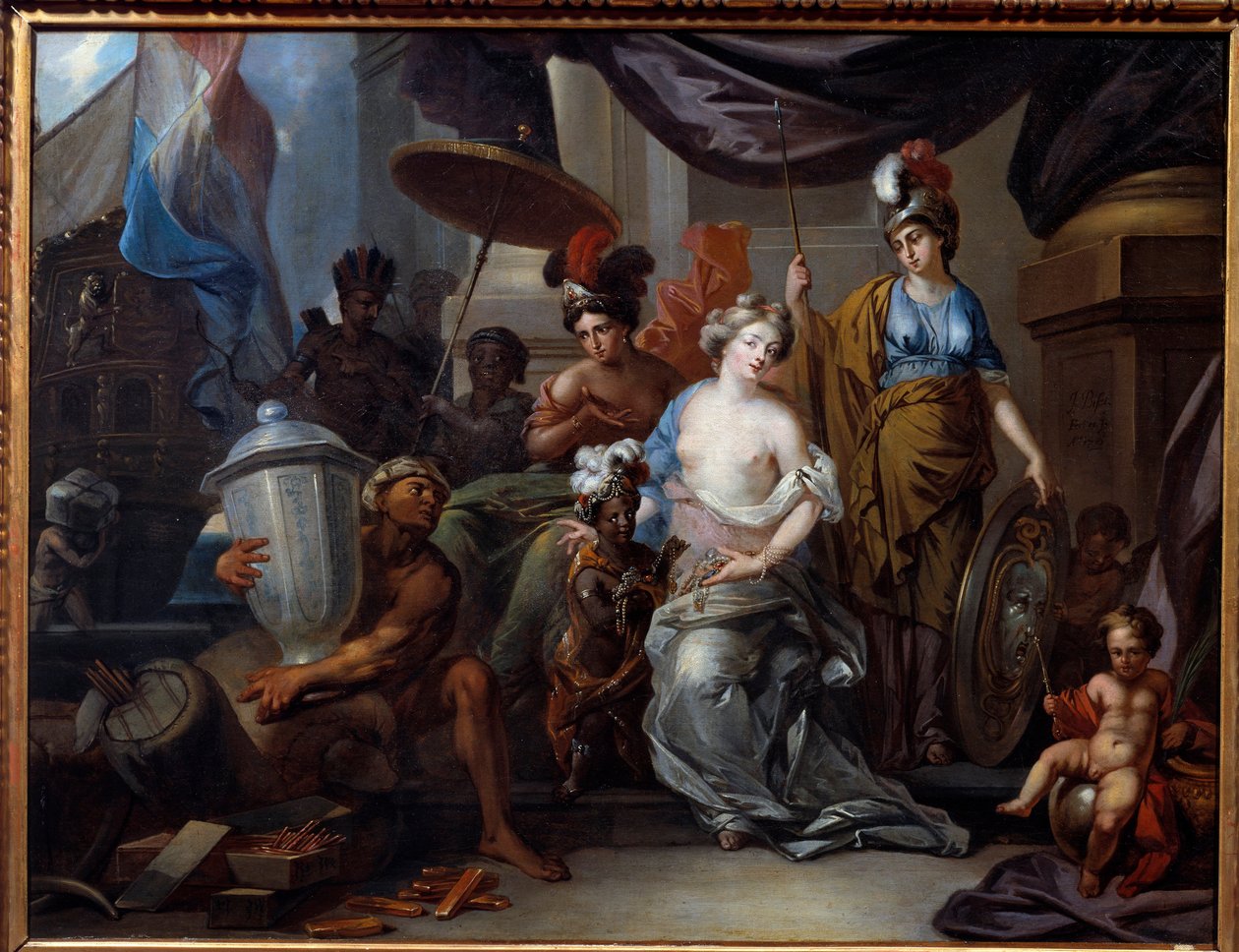 Amerika bringer sin rigdom til Europa Europa Europa, en ung kvinde med bleg hud, modtager indianere fra Amerika, der bringer hende eksotisk mad. Maleri af Jean Andreas Biset (1600-tallet) La Rochelle, Musee du Nouveau monde af Jean Andreas Biset