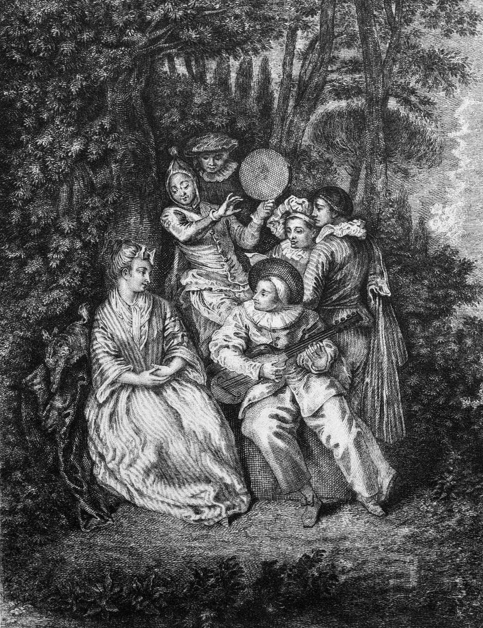 Den italienske Serenade graveret af Gerard Jean Baptiste Scotin (1671-1716), efter Watteau- af Jean Antoine (after) Watteau