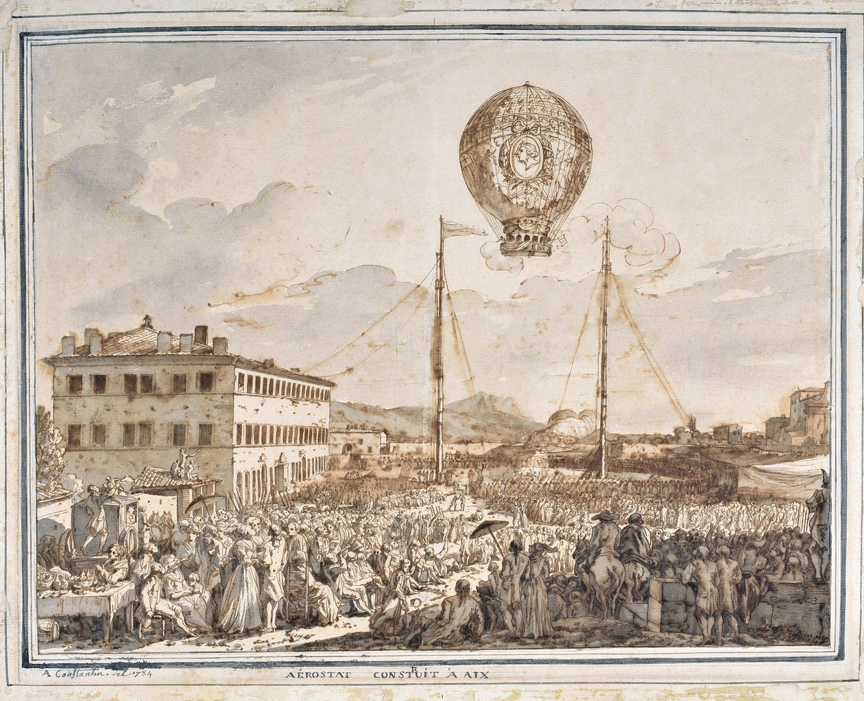 Aerostat indbygget i Aix. En ballon bygget i Aix en provence. Tegning af Jean Antoine Constantin dit Constantine d