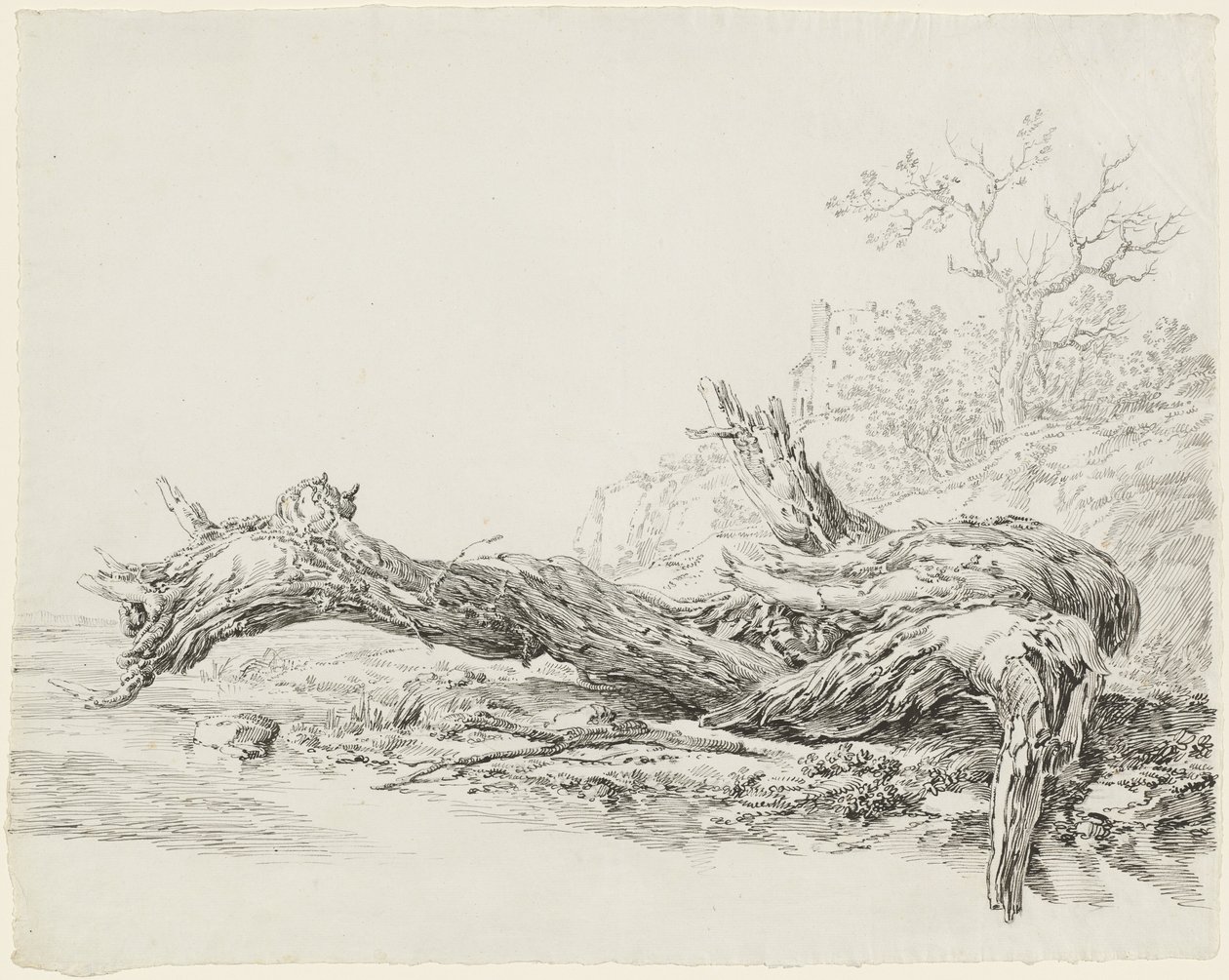 Et ældgammelt træ faldet ved siden af en vandløb af Jean Antoine Constantin