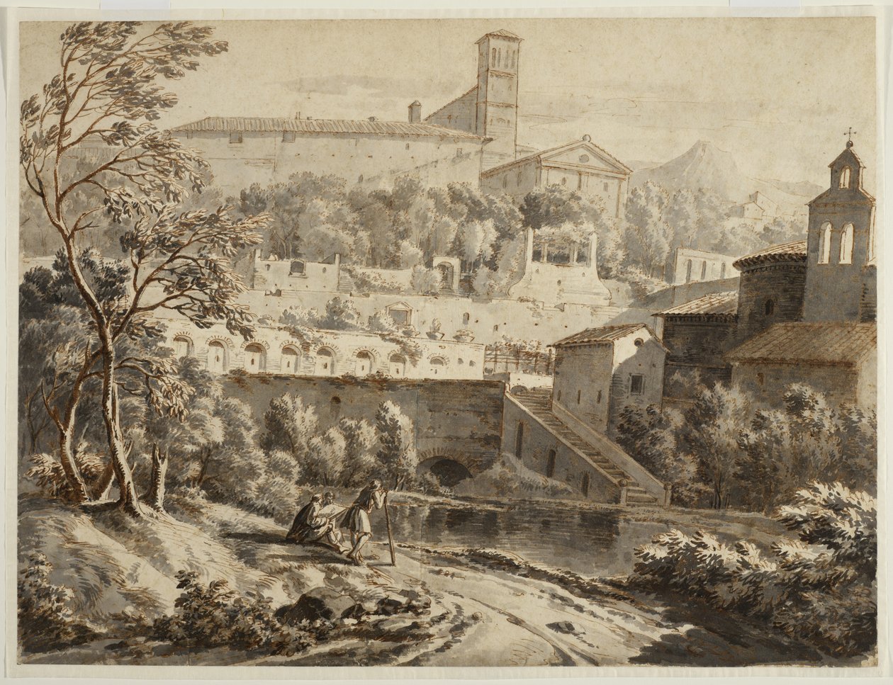 En kunstner, der skitserer langs en flodbred, under en italiensk by, ca. 1780 (blæk og vask på lagt papir, spor af sort kridt) af Jean Antoine Constantin