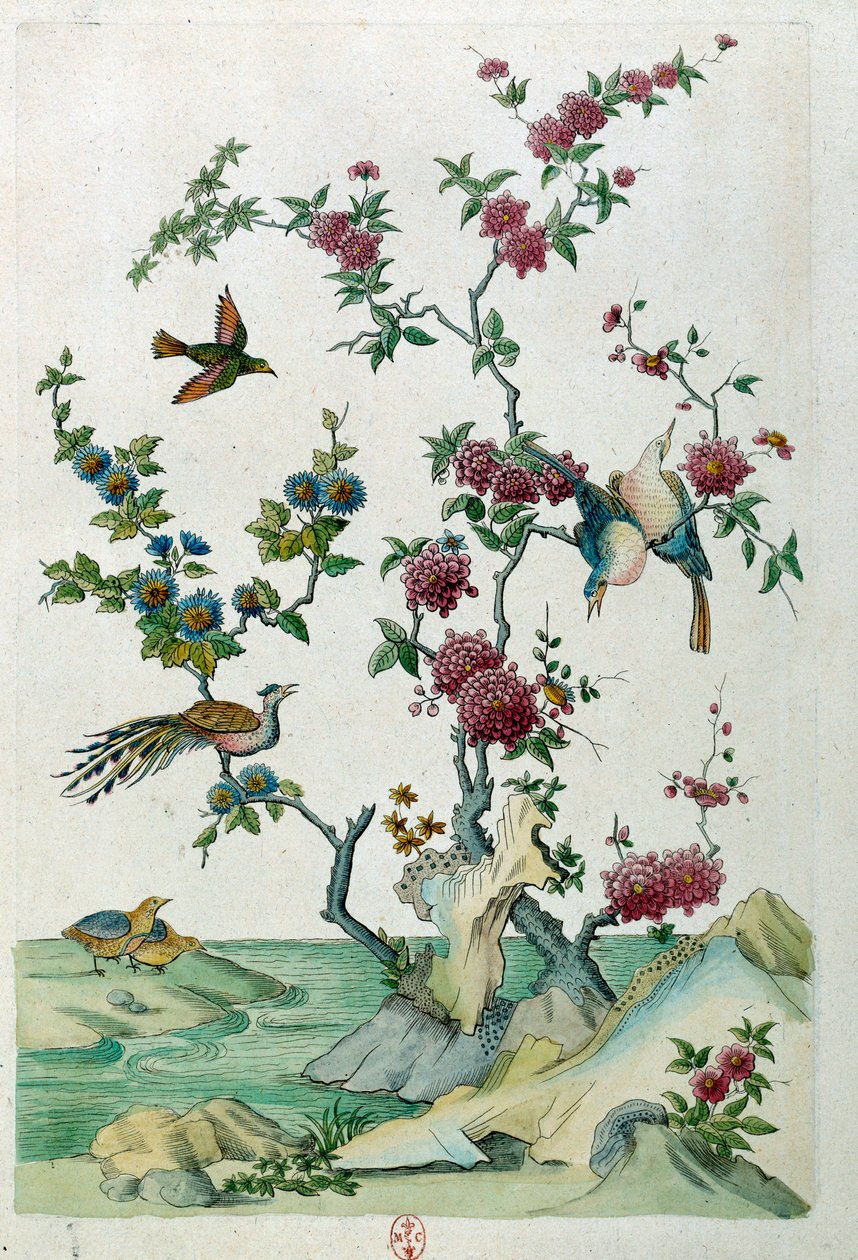Tegning fra en kinesisk vase: fugle og blomster. Maleri af Jean Antoine Fraisse (1700-tallet) af Jean Antoine Fraisse