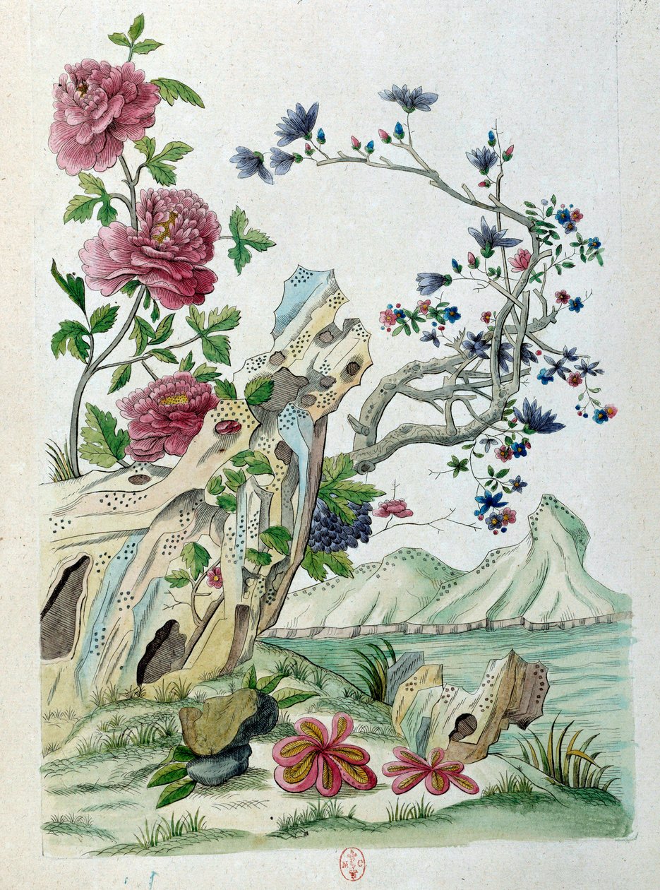 Tegning fra en kinesisk vase: blomster i et landskab. Maleri af Jean Antoine Fraisse (1700-tallet) af Jean Antoine Fraisse