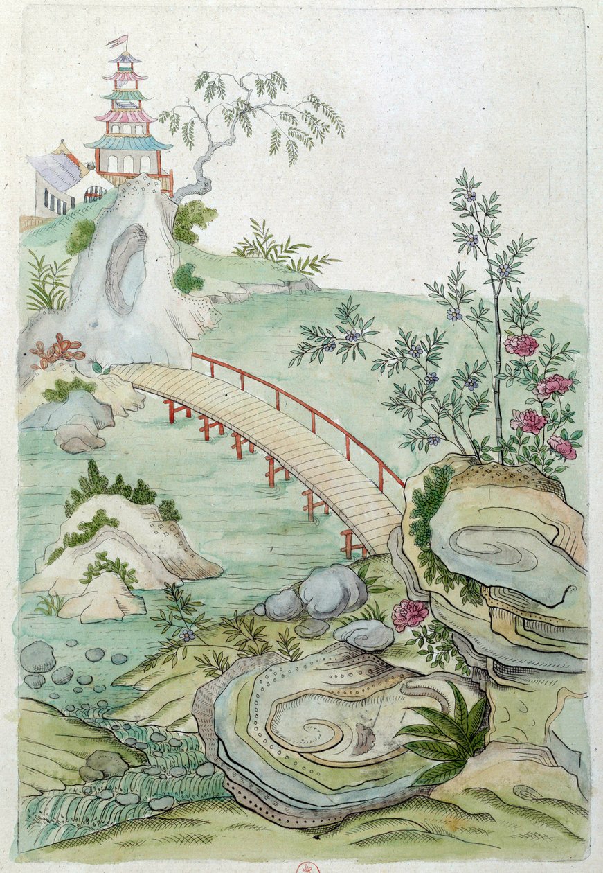 Tegning fra en kinesisk vase: landskab med bro. Maleri af Jean Antoine Fraisse (1700-tallet) af Jean Antoine Fraisse