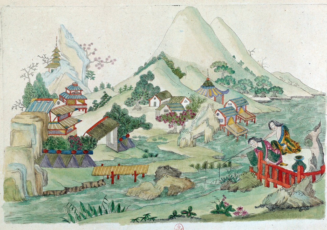 Tegning fra en kinesisk vase: landskab med flod og tegn. Maleri af Jean Antoine Fraisse (1700-tallet) af Jean Antoine Fraisse