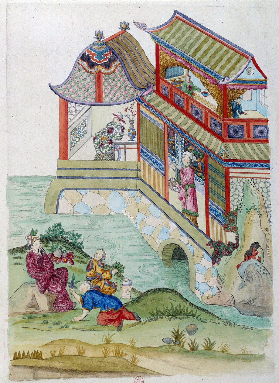 Hus ved floden. Tegningen kommer fra en kinesisk vase. Maleri af Jean Antoine Fraisse (1700-tallet) af Jean Antoine Fraisse