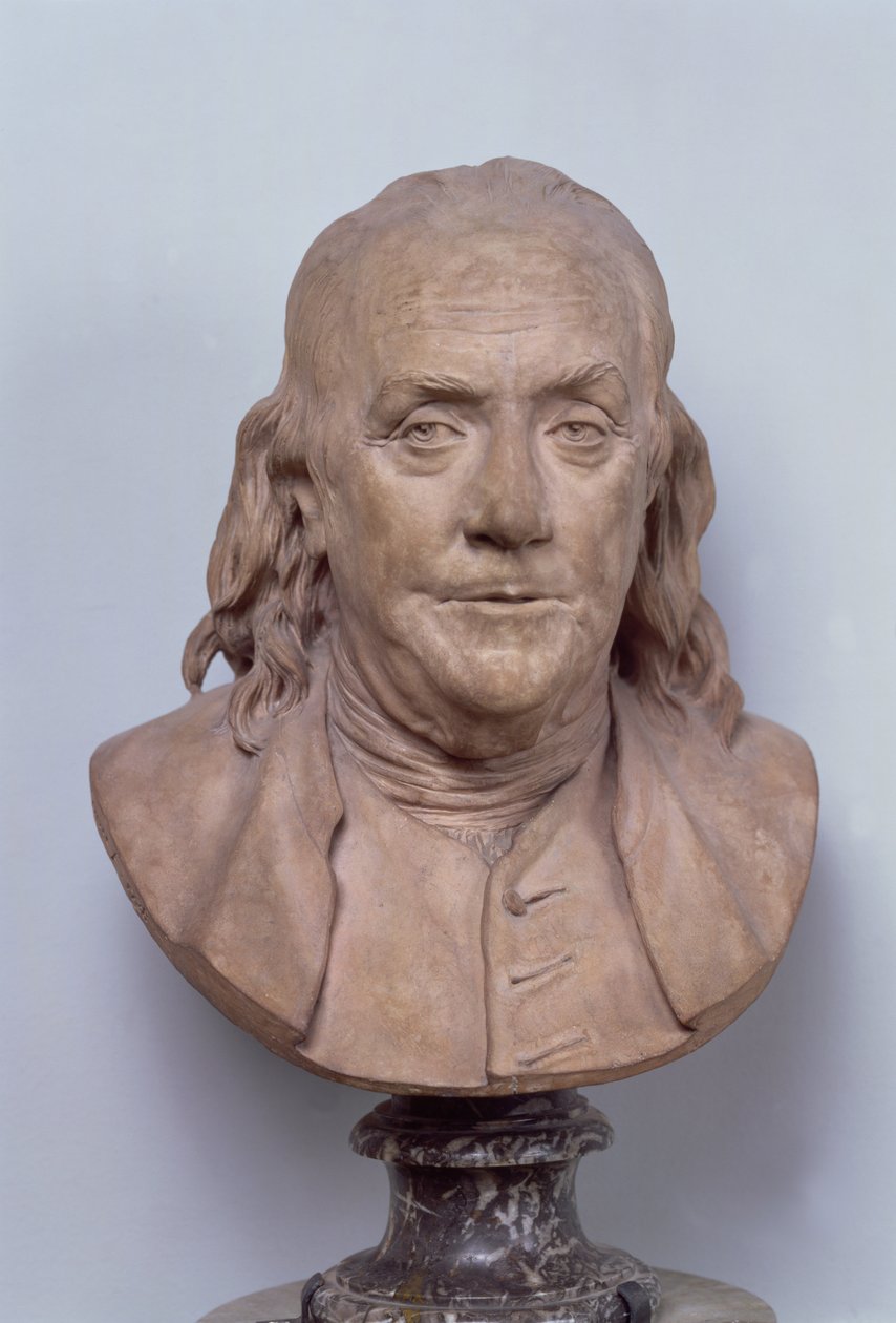 Buste af Benjamin Franklin (1706-90) 1778 (terracotta) (se også 102249) af Jean Antoine Houdon