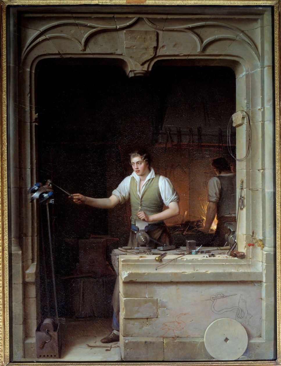 En låsesmed forsøger at bide sin fil til en jay Illustration til Jean de La Fontaines fabler. Maleri af Jean Antoine Laurent (1763-1832) 1829 søn. 0,86x0,65 m - En låsesmed søger at få en jay til at bide sin metalfil. Illustration til Jean de La Fontaines  af Jean Antoine Laurent