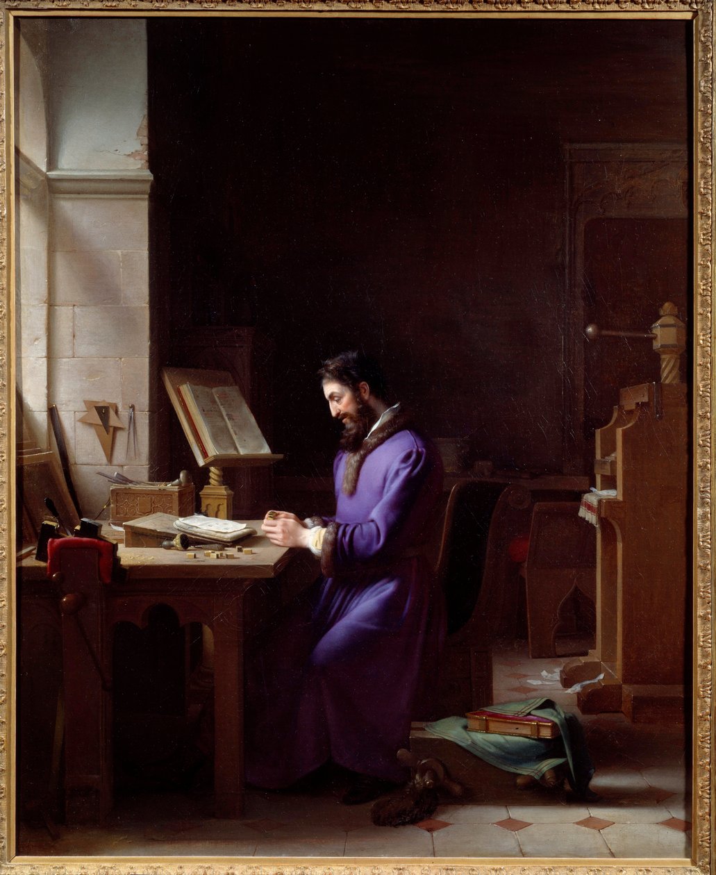 Johannes Gensfleisch Gutenberg (1400-1468) opfinder trykkeriet Den tyske trykkeri er en repræsentant, der håndterer karakterer på sit kontor. Maleri af Jean Antoine Laurent (1763-1832) 1830 Grenoble, Musee des Beaux Arts af Jean Antoine Laurent