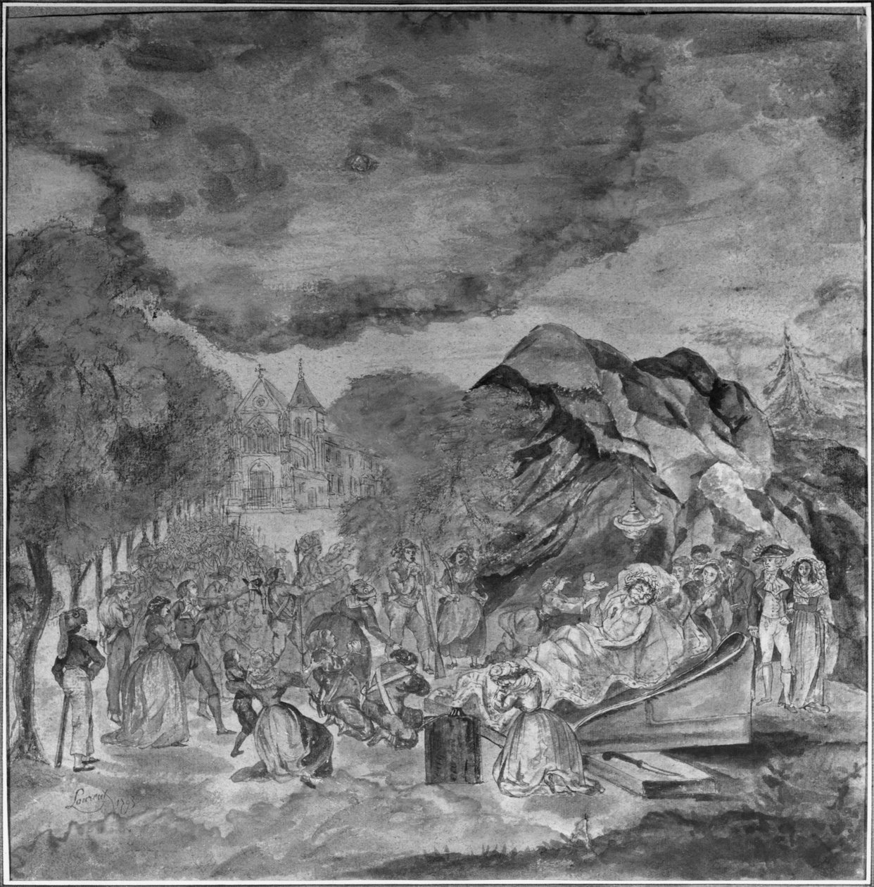 Folk, der søger forbi Marats lig nær grotten i Les Cordeliers, 1793 (blyant og wc på papir) af Jean Antoine Laurent